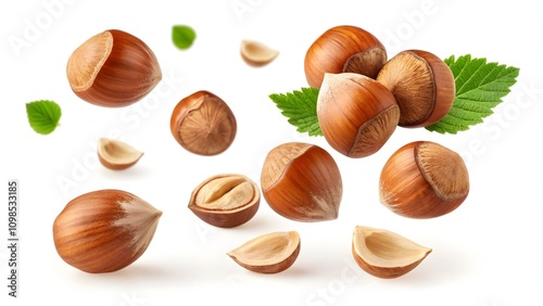 Flying delicious hazelnuts, cut out, flying nuts, tasty hazelnut snack
