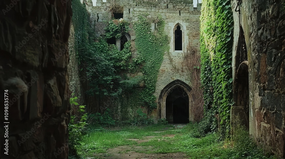 Fototapeta premium Enigmatic Exploration of Abandoned Castle Enveloped in Lush Ivy, Perfect for Adventure and Travel Themes in Environments Rich with History and Nature's Beauty