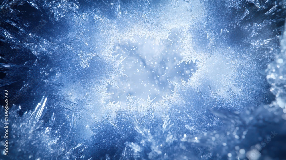 Fototapeta premium Abstract Winter Wonderland: Crystalline Snowflakes, Ice Formations, and Prismatic Light Effects with Magical Frost Patterns in a Premium 3D Render. High-Resolution 8K Display.