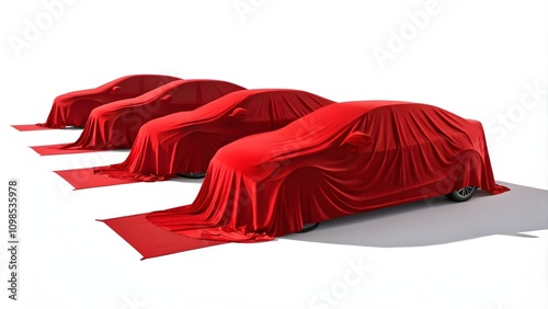Set of red fabrics draping over cars, cut out, red fabric on cars, luxury car draped with fabric
