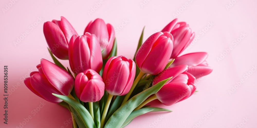 Fototapeta premium A delicate bouquet of vibrant pink tulips against a soft pink background, showcasing the beauty of simple floral elegance