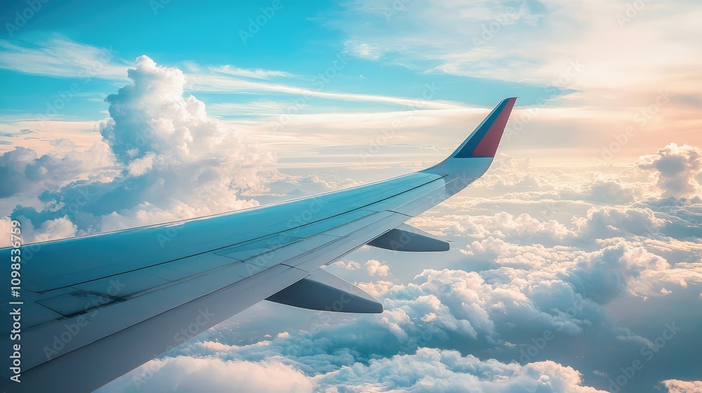 Fototapeta premium Stunning View from Airplane Wing Showcasing Blue Sky and Fluffy Clouds During Breathtaking Sunset, Captured in High-Resolution Imagery from Air Travel Experience