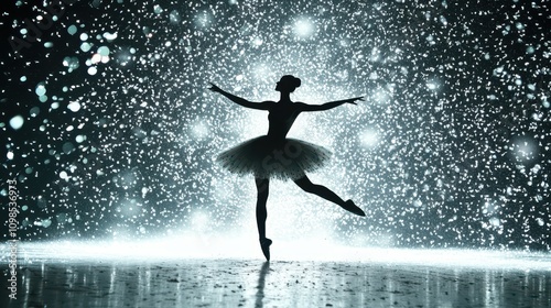 Silhouettes of ballet dancers amidst falling snow: Dramatic stage lighting, silver glitter, and snowflakes create a captivating motion capture in an artistic performance setting.