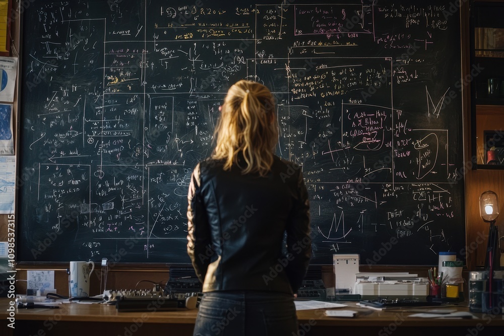 Fototapeta premium A woman stands in front of a blackboard with equations and symbols on it
