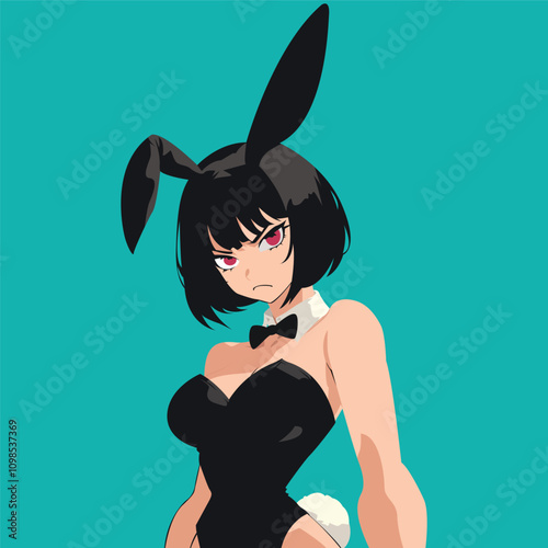 Bunny Girl with Attitude: A bold and alluring anime-style illustration featuring a girl with black bunny ears and a fierce expression generative ai