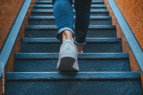 A person is walking up a set of stairs in their white shoes