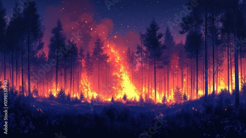 Vivid flames engulf trees, casting a surreal glow across the night landscape, where shadows mingle with fiery colors and stars twinkle above in the darkness