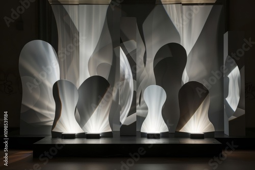 Contemporary art installation featuring abstract sculptures with dynamic lighting effects creating a mesmerizing visual experience.