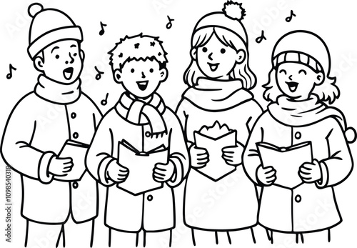 A Vector Line Art Of Children Singing Christmas
