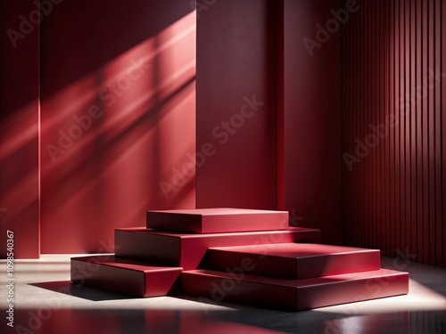 Elegant Monochromatic 3D Render of Dark Red Podiums in Studio Setting with Soft Shadows and Dramatic Lighting for Modern Product Display