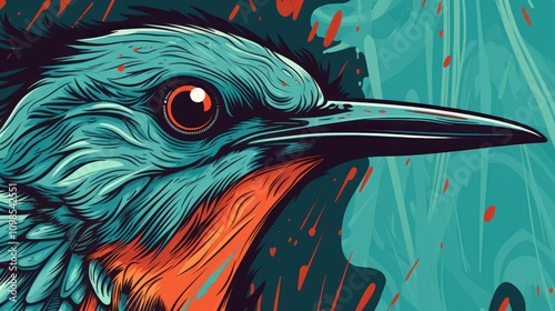 Intense Teal Kingfisher Closeup: A Vibrant Artistic Bird Portrait photo