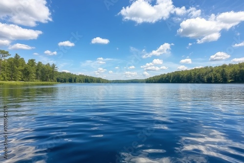 Calm lake with clear blue sky and fluffy clouds in a peaceful natural setting
