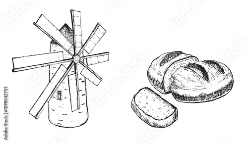 Mill and Bread on white background. 100% hand drawn vector image.