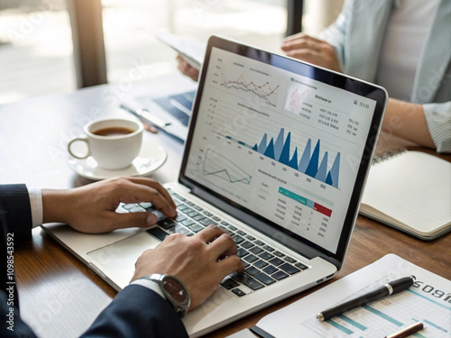 professional business person working on laptop analyzing business growth in a meeting discussing graph charts