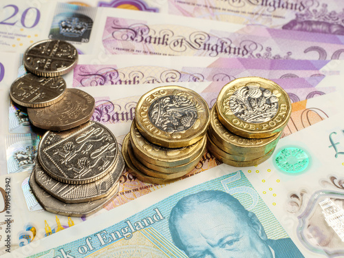 Close up of British pound coins and notes in UK money