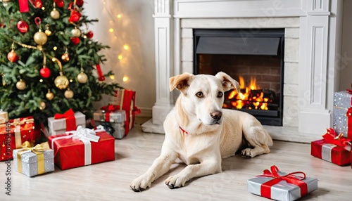 Pet near Christmas tree with gifts