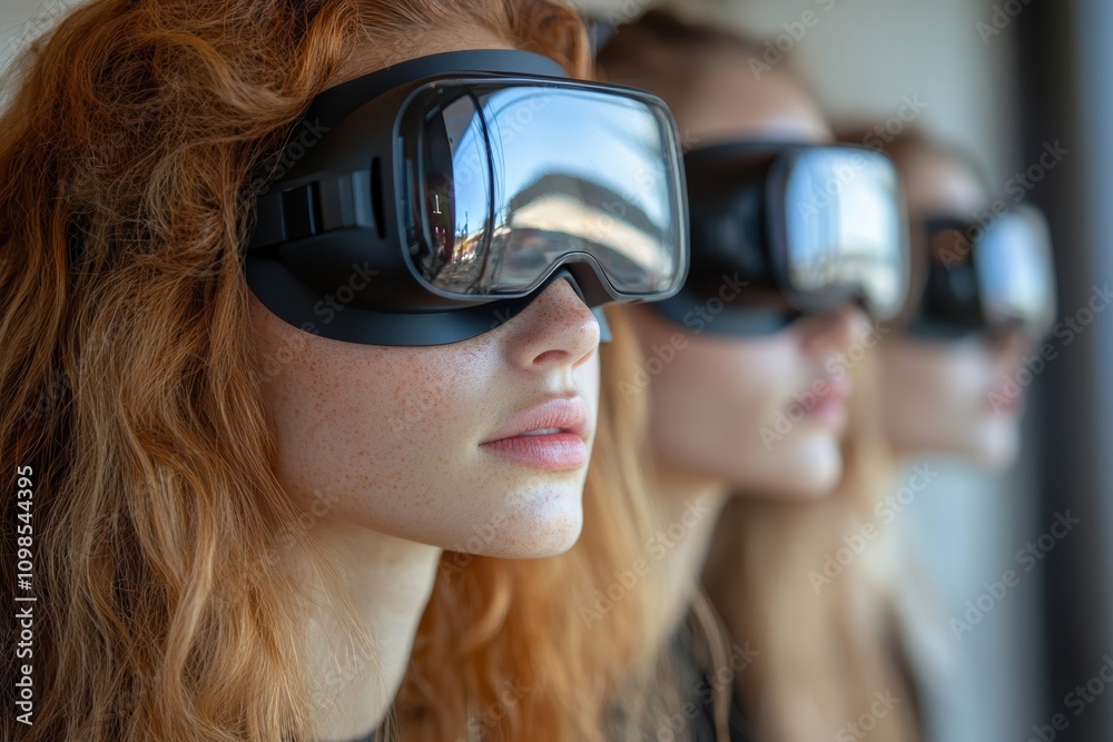 Naklejka premium Women developing advanced technologies in data analytics, virtual reality, and artificial intelligence research with precision,