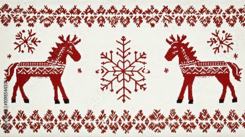 Scandinavian Folk Art Border Featuring Dalahorse and Snowflake Patterns: Traditional Red and White Design with Textile Texture and Professional Museum-Quality Clarity. photo