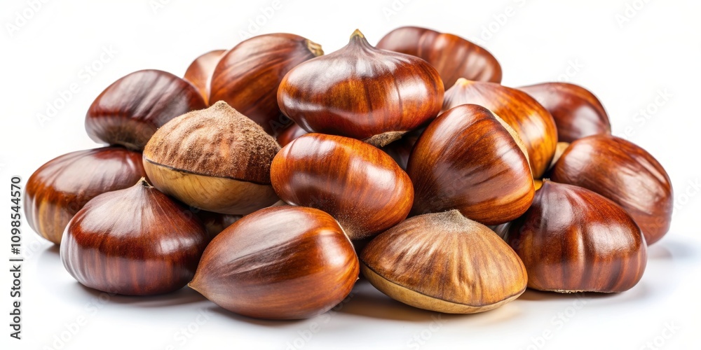 Obraz premium A Close-Up View of Fresh, Glossy Sweet Chestnuts Piled Together on a Bright White Background Perfect for Urban Exploration and Culinary Photography