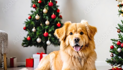 Pet near Christmas tree with gifts