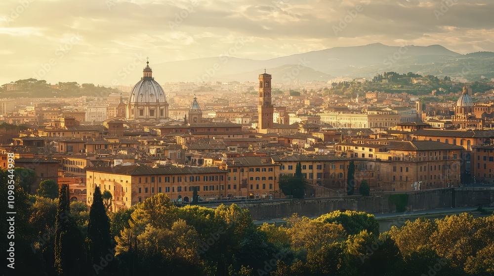 Fototapeta premium Stunning Overhead View of Historic City with Majestic Cathedral Surrounded by Beautiful Architecture and Scenic Landscape at Sunset in a Large Urban Area