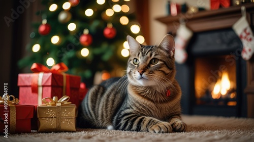 Pet near Christmas tree with gifts