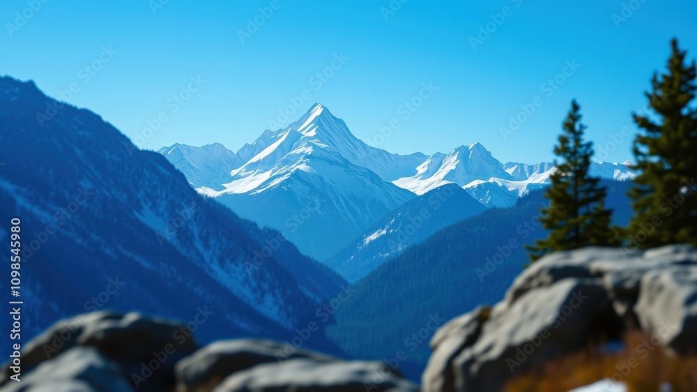 Obraz premium A stunning view of a snow-capped mountain range, with a foreground of jagged rocks and pine trees, all under a clear blue sky.