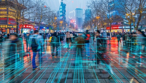 Wallpaper Mural Crowd surveillance system  analyzing pedestrian movement with facial recognition technology Torontodigital.ca