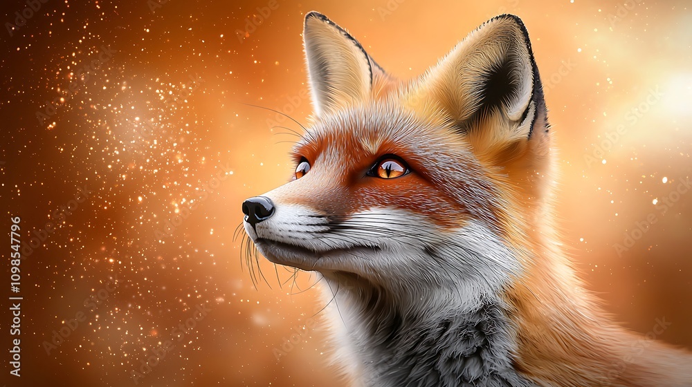 Obraz premium The portrait depicts a majestic fox with fiery orange fur, piercing eyes, and a sleek, pointed snout