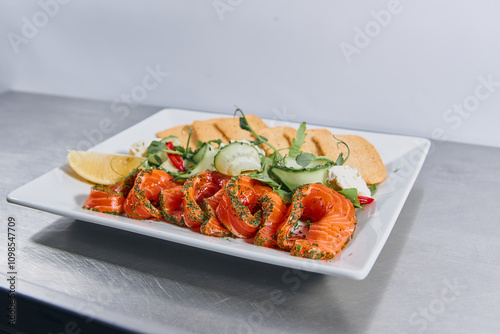 A delicious and beautiful dish of seafood and vegetables. Restaurant food