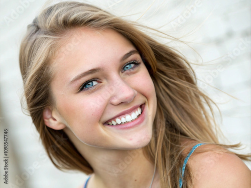 Portrait of a smiling blue green eyed woman with shiny teeth and fairly happy face