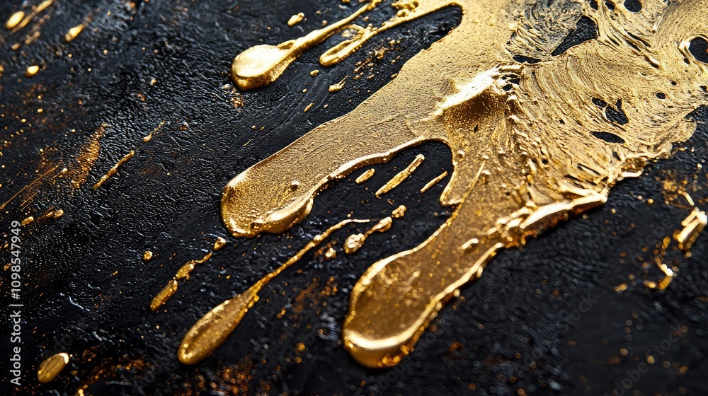 Obraz premium Close-Up of Metallic Gold Ink Spreading on a Dark Surface with Glossy Texture Creating a Stunning Contrast in Artistic Composition