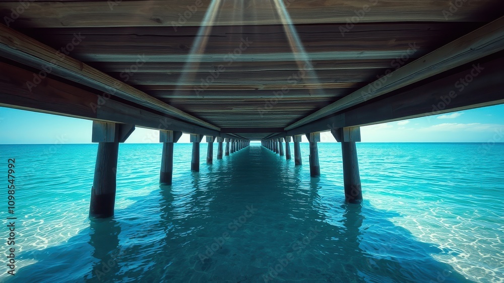 Fototapeta premium Sunlight streams through the wooden beams of a pier, illuminating the clear turquoise water below.