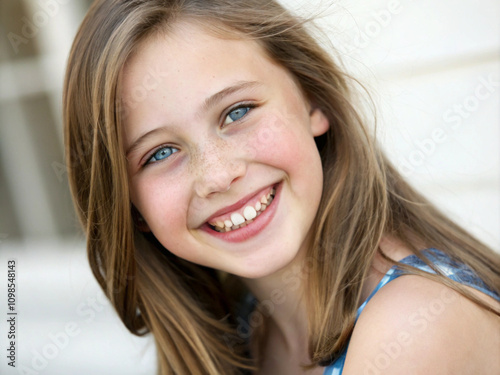 Portrait of a smiling blue green eyed woman with shiny teeth and fairly happy face