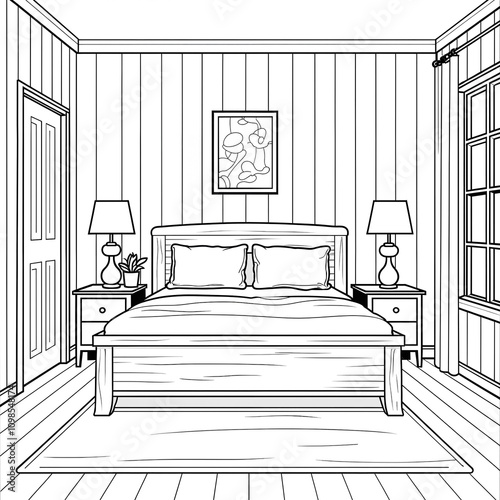 Black and White Bedroom Illustration with Bed and Nightstands