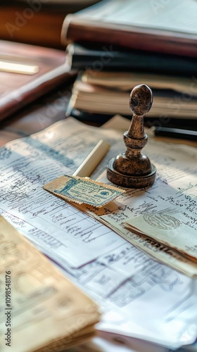 Close-Up of Official Government Stamps and Documents on a Desk with Sealing Wax, Ink, and Written Manuscripts Displaying Historical Significance and Authenticity photo