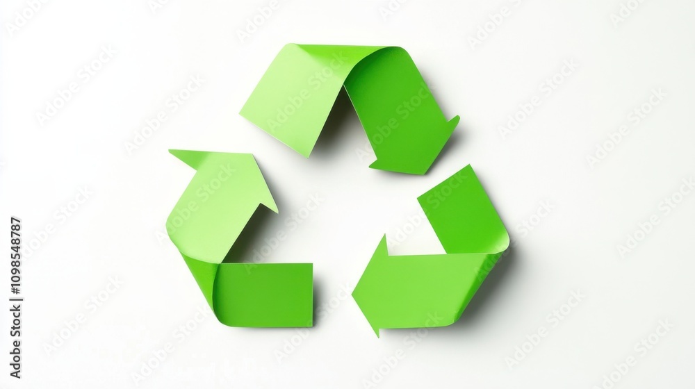 Obraz premium A green recycling symbol on a white background, highlighting the importance of recycling and waste management for environmental sustainability, Simplified flat paper art illustration of