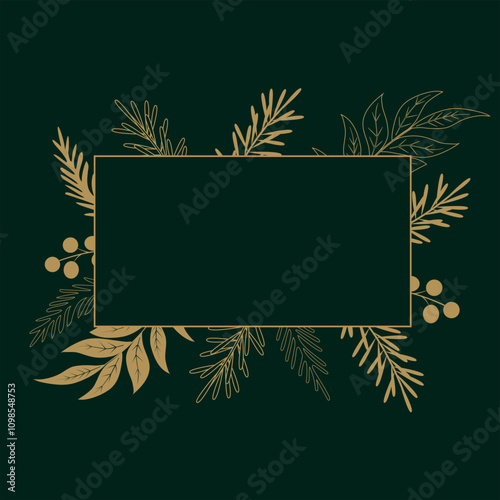 Golden Christmas and New Year typography on a dark green, Christmas background with floral elements. A Christmas greeting card.
