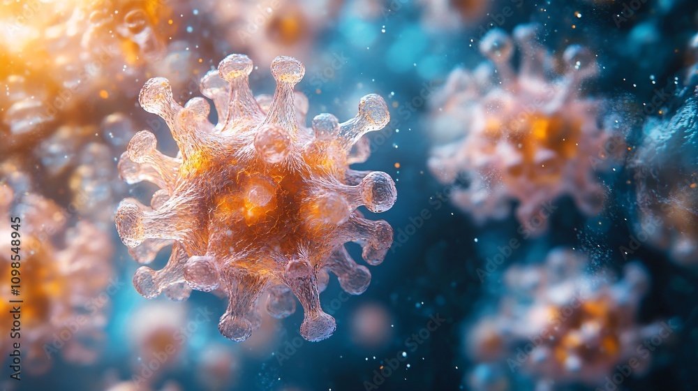 Fototapeta premium Microscopic View of Virus Particles: Close-Up of Viral Structure & Infection