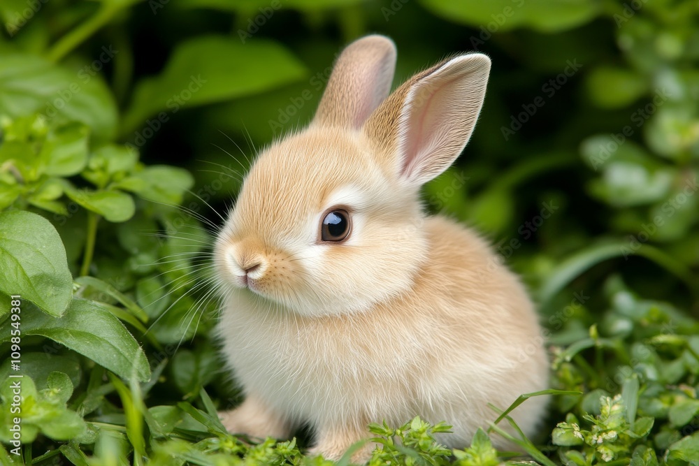 Fototapeta premium Cute fluffy bunny sitting on green grass in a sunlit garden during springtime