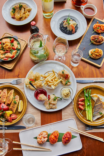 Wallpaper Mural Banquet table, delicious and fresh food: wine, fish, sauce.  Torontodigital.ca