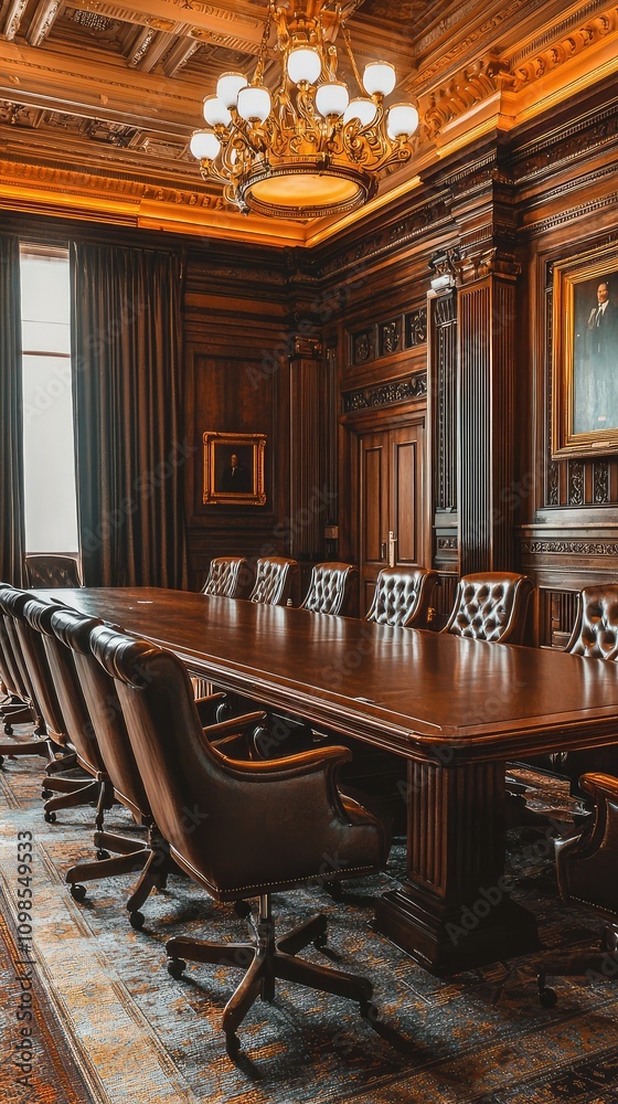 Fototapeta premium Elegant Government Conference Room Featuring Wooden Paneling, Long Table, Leather Chairs, and Opulent Lighting in a Historic Building Interior