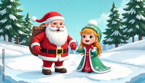 heerful Santa Claus with Young Girl in Winter Wonderland photo