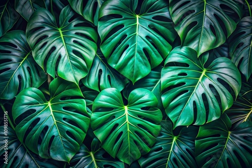 Close Up of Rhaphidophora Tetrasperma Leaves on Dark Green Background, Showcasing Lush Foliage with Distinctive Split Patterns and Vibrant Colors photo