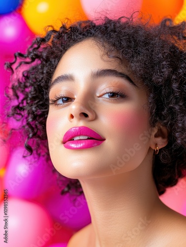 Elegant Non-Conforming Gender Individual with Bold Makeup Against Colorful Background photo