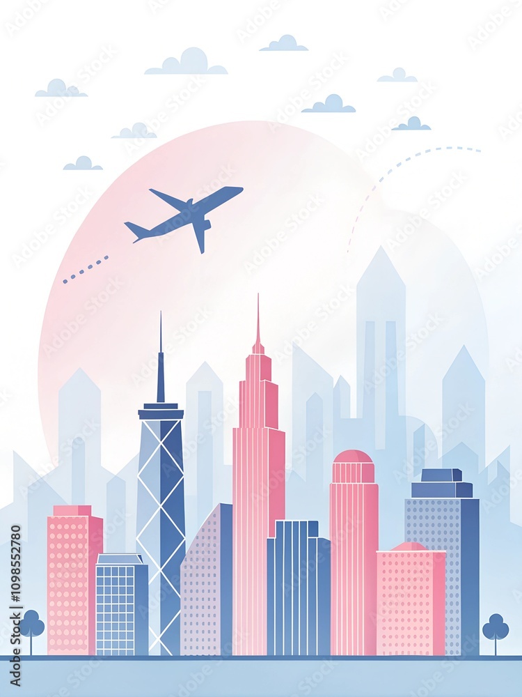 Fototapeta premium Airplane flying over modern urban skyline with pastel skyscrapers and cityscape