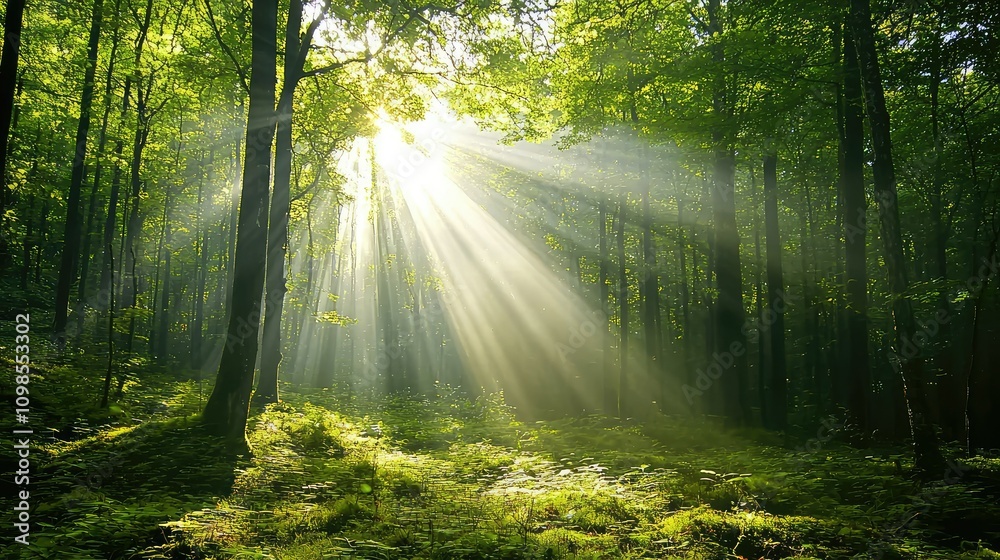 Fototapeta premium Exploring a Dense Forest at Dawn with Beams of Sunlight Illuminating the Lush Greenery Creating a Serene and Tranquil Atmosphere