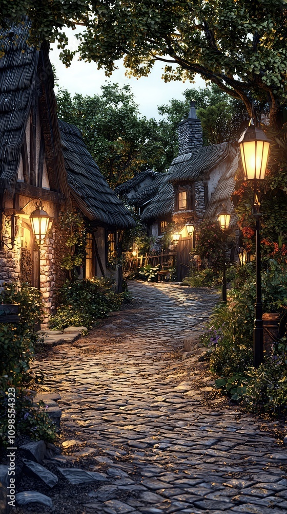 Fototapeta premium Enchanted Fantasy Village with Cobblestone Paths and Thatched Roof Houses Illuminated by Warm Lantern Light at Dusk