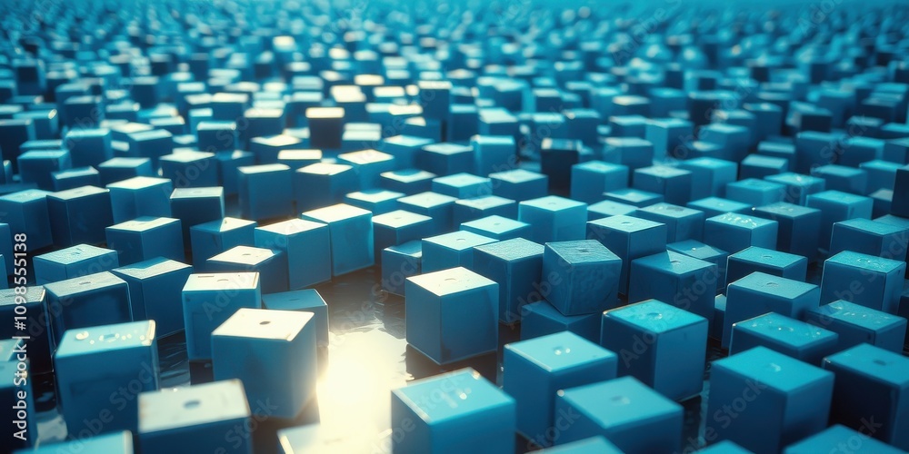 Fototapeta premium A close-up view of an array of blue cubes arranged in a repeating pattern, with the reflection of sunlight creating a shimmering effect on the surface.