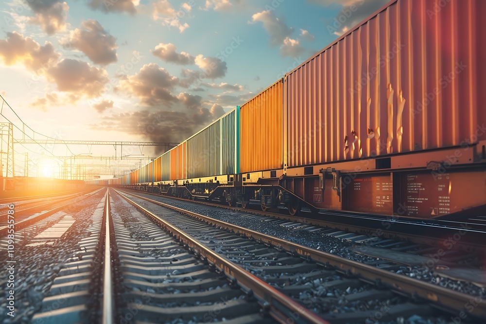 Fototapeta premium Freight train with containers at sunset. Freight transportation concept.